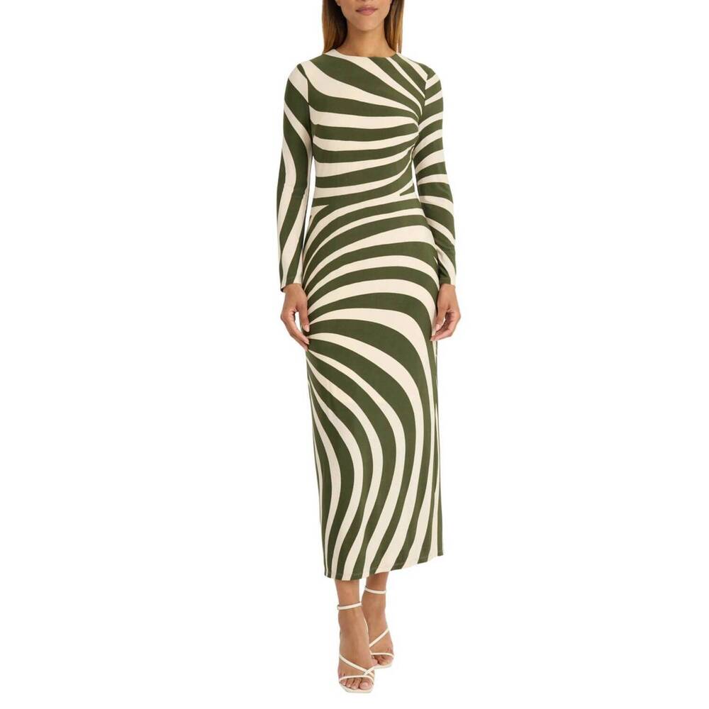 NEW DONNA MORGAN abstract stripe long sleeve dress in ivory cedar green - Picture 1 of 3